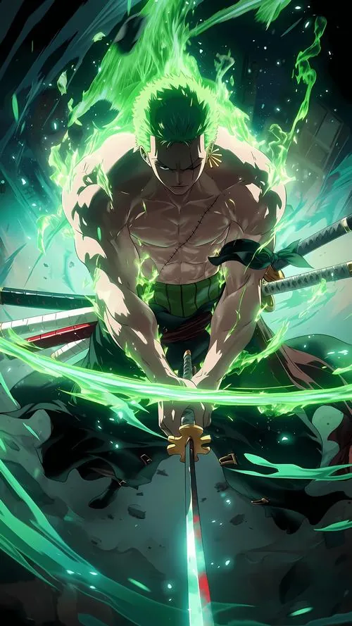 Bóng Zoro chìm trong quầng xanh tối, dáng cầm kiếm thấp và làn khói dày tạo không khí giao chiến căng thẳng.
