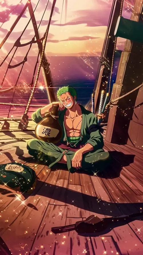 Zoro ngồi trên sàn gỗ gần khung cảnh ngoài trời, thanh kiếm đặt bên cạnh, dáng nghỉ nhưng vẫn giữ vẻ cảnh giác.