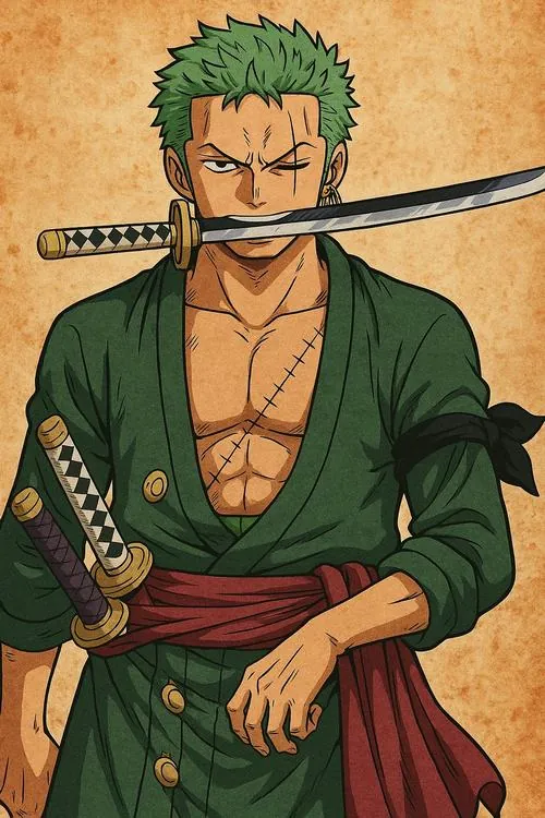 Ảnh avatar Roronoa Zoro dạng chân dung cổ điển, áo xanh thắt đai đỏ, ba thanh kiếm nằm gọn bên hông.