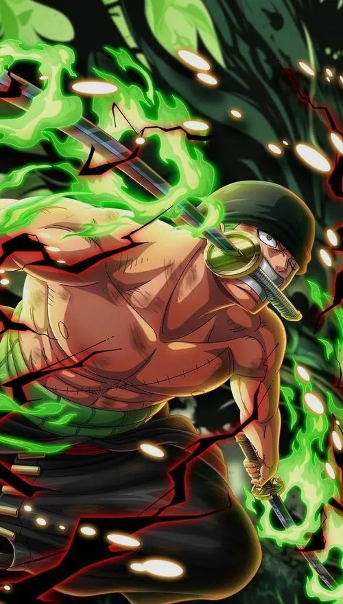 Gương mặt Zoro nghiêng lên giữa vệt sáng xanh, vết thương và góc cắt sát làm khung hình có lực hơn.