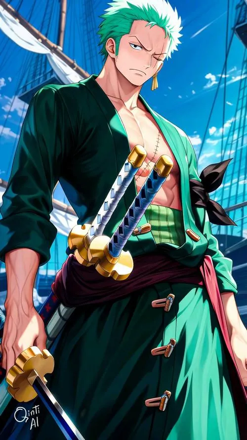 Ảnh đại diện thợ săn hải tặc Zoro cắt vào áo xanh mở cổ, chuôi kiếm và nền xanh nước tạo vẻ gọn, lạnh.