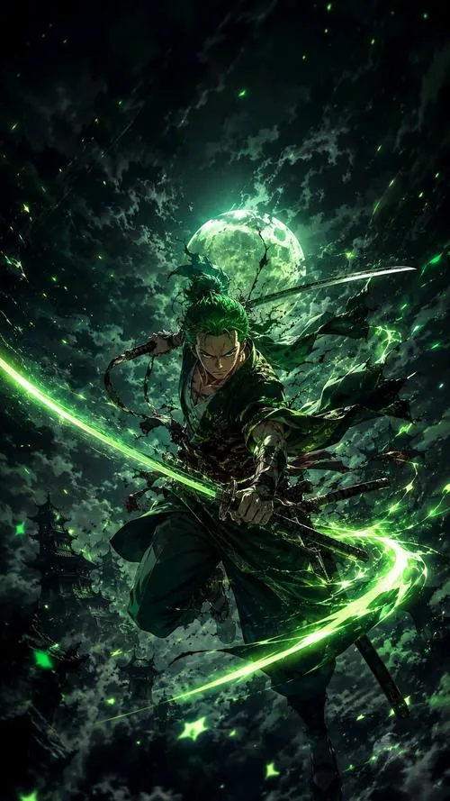 Zoro đứng nhỏ giữa màn sương xanh đen, ánh sáng xoáy quanh thân làm dáng kiếm sĩ trông nặng và xa cách.