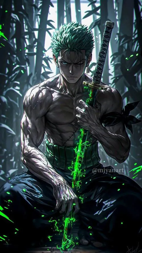 Ảnh avatar Roronoa Zoro tông bạc đen, thân hình cơ bắp và vết xước hiện rõ trong một góc nhìn rất gắt.