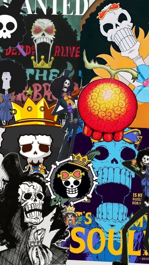 Các phiên bản chibi của Brook chen nhau trên nền màu nổi, vương miện nhỏ và tóc afro tạo vẻ cực kỳ tinh nghịch.