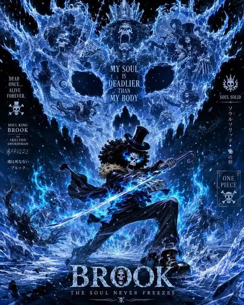 Bóng Brook nhỏ giữa xoáy nước xanh thẫm, khuôn sọ khổng lồ phía sau làm biển đêm giống một sân khấu ma thuật.