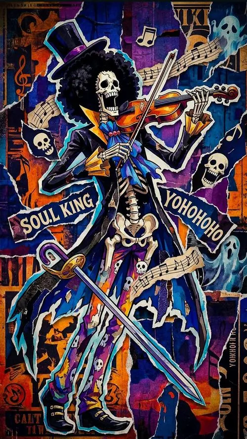 Brook trong tạo hình Soul King mặc áo xanh, đứng giữa chữ lớn và các cây đàn như một buổi diễn náo nhiệt.