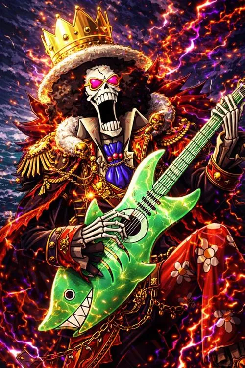 Ảnh Brook rực lửa khi ôm đàn ghi ta xanh, mái tóc afro cháy sáng như một ngôi sao nhạc rock trên sân khấu.