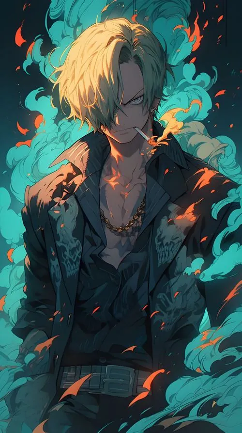 Sanji trong tông xanh lam, mái tóc vàng rối nhẹ và áo sơ mi sẫm màu làm bức chân dung có nét mềm hơn.