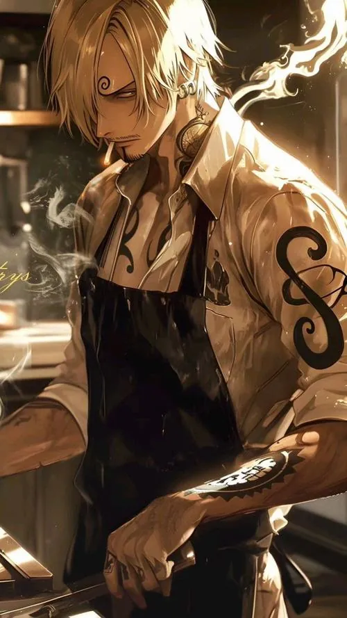 Sanji đứng giữa chợ cá buổi sáng, chiếc túi quần lộ nhẹ bên áo vest khiến tạo hình vừa gọn vừa bụi.
