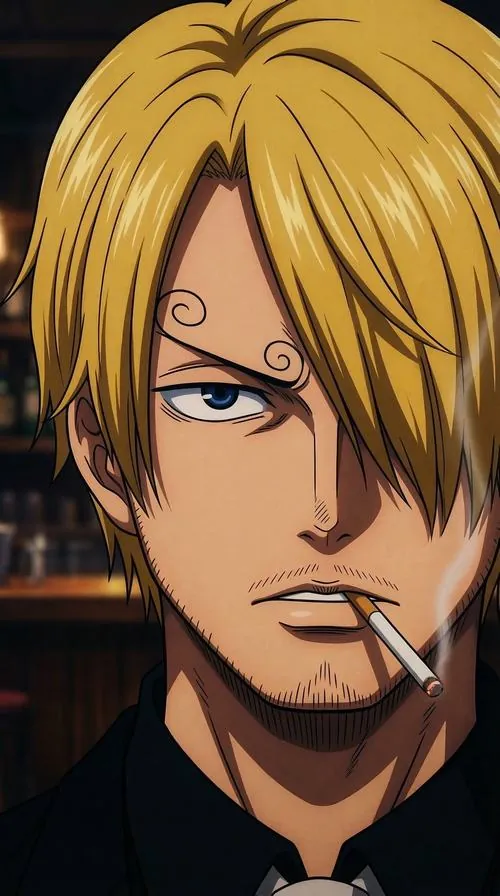 Sanji nhìn ra ô cửa tròn lúc đêm xuống, nền biển đen phía sau làm hình dáng cao ráo trở nên rõ nét.