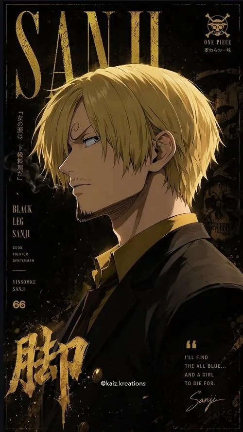 Sanji đứng trước tủ gia vị đầy lọ thủy tinh, bàn tay chọn lá thơm với vẻ chăm chút của người nấu ăn giỏi.