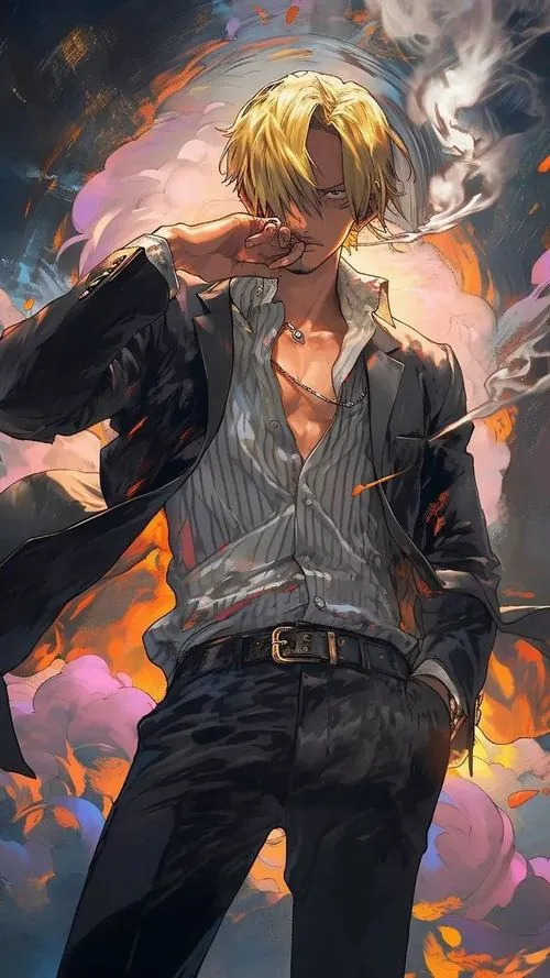 Vinsmoke Sanji đứng bên lan can Tàu Thousand Sunny lúc sớm mai, bàn tay khéo giữ tách cà phê và mắt nhìn về phía biển.