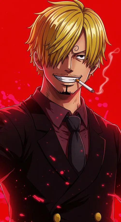 Sanji đứng ở mép boong trong dáng bay lượn vừa đáp xuống, vạt áo còn tung lên theo gió biển.