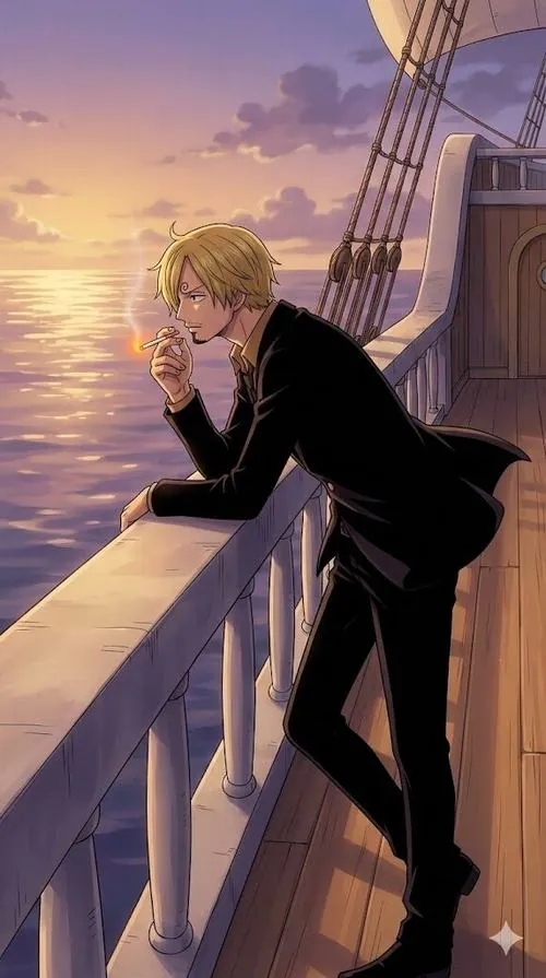 Sanji quay lưng trước bàn ăn dài, nhiều chiếc đĩa trống cho thấy anh vừa chăm lo xong bữa tối cho cả nhóm.