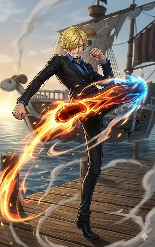 Sanji cúi xem thực đơn món ăn trên bàn gỗ, chiếc tạp dề buộc gọn khiến dáng vẻ đầu bếp đại dương hiện lên gần gũi.