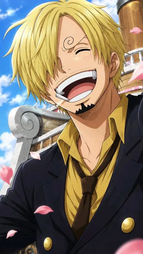 Bức minh họa Sanji cầm dao bếp bên thớt cá, động tác gọn cho thấy kỹ năng dao bếp chuẩn và rất tinh tế.