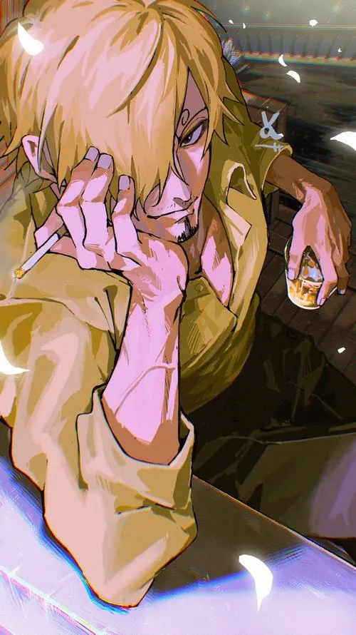 Sanji đứng dưới mái hiên mưa tại Đảo Bánh Ngọt, áo khoác ướt nhẹ và ánh đèn bánh kẹo phủ lên gương mặt trầm.