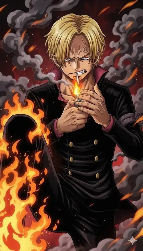 Sanji chỉnh lại chiếc cà vạt trước gương, ánh sáng vàng hắt lên áo sơ mi làm vẻ hào hoa nhìn rất tự nhiên.