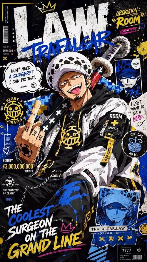 Ảnh Trafalgar Law ngồi giữa nền chữ vẽ tay, mũ lông đốm và áo khoác vàng đen làm gương mặt cười trở nên nổi bật.