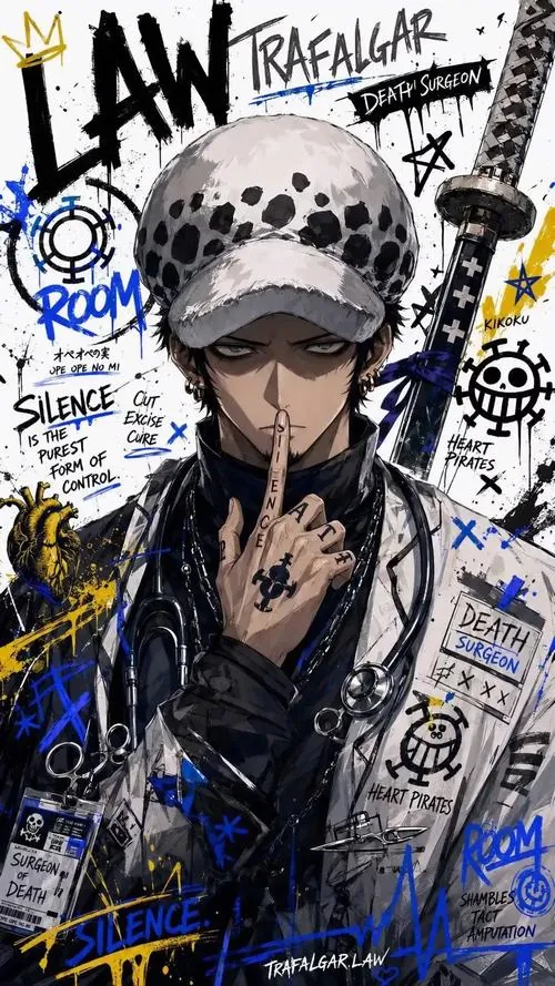 Trafalgar Law đặt ngón tay trước môi, ánh mắt lạnh dưới vành mũ đốm, phía sau là nền trắng đầy ký hiệu Room.