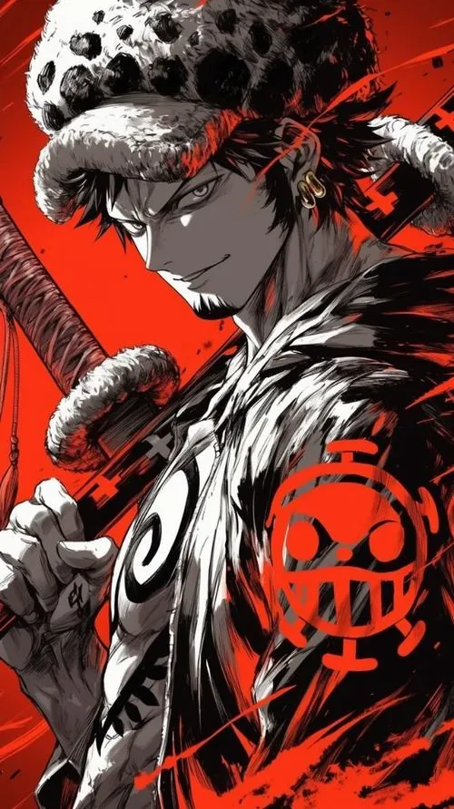 Hình nền Law One Piece dùng sắc đỏ đen mạnh, nhân vật cầm kiếm nghiêng vai với biểu tượng tròn sau lưng rất sắc.