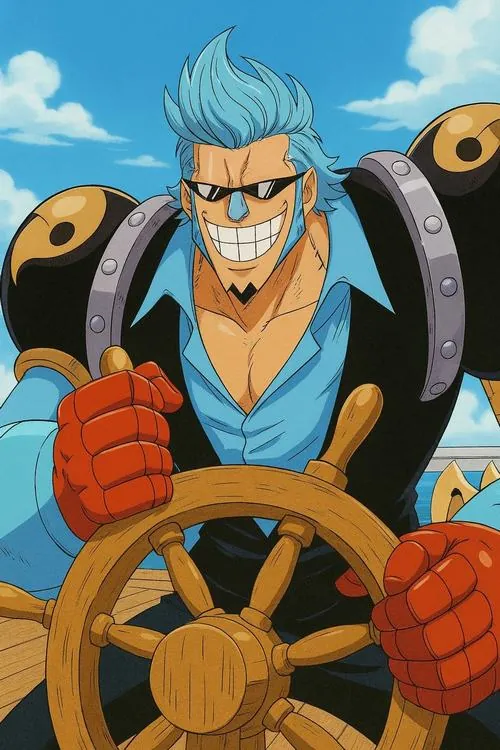 Franky Shogun bước khỏi khoang chứa, các khớp giáp mở sáng từng lớp trong khi nhóm kỹ thuật bên dưới kiểm tra bảng điều khiển.
