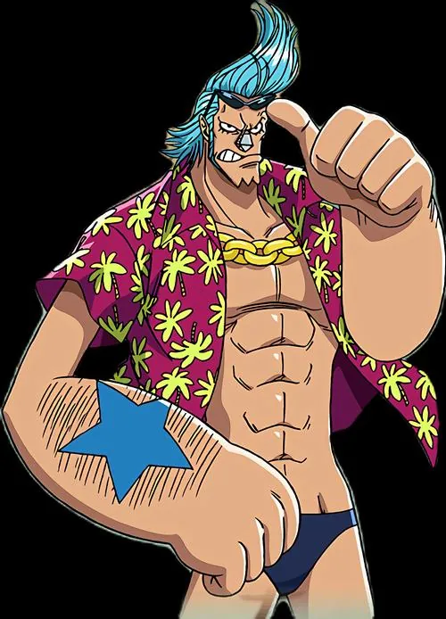 Chàng thợ đóng thuyền kéo tấm buồm rách qua sàn gỗ, vừa làm vừa cười với Luffy đang vụng về giữ cuộn dây thừng.