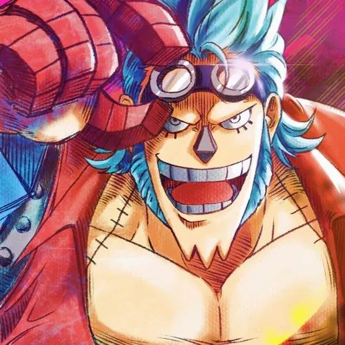Franky đứng trước gương thử kiểu tóc mới sau khi ấn mũi, vẻ mặt nghiêm túc đến mức các đồng đội phía sau bật cười.